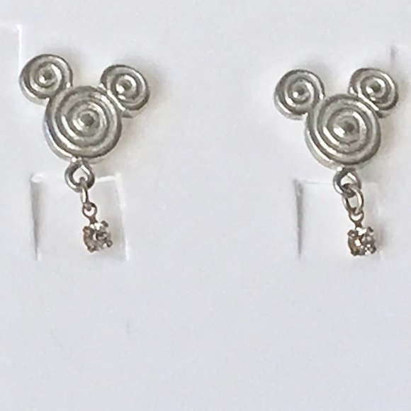 Vintage Disney Mickey Mouse Earrings Ears Icon Swirl Crystal Silver Disneyana - Picture 3 of 7